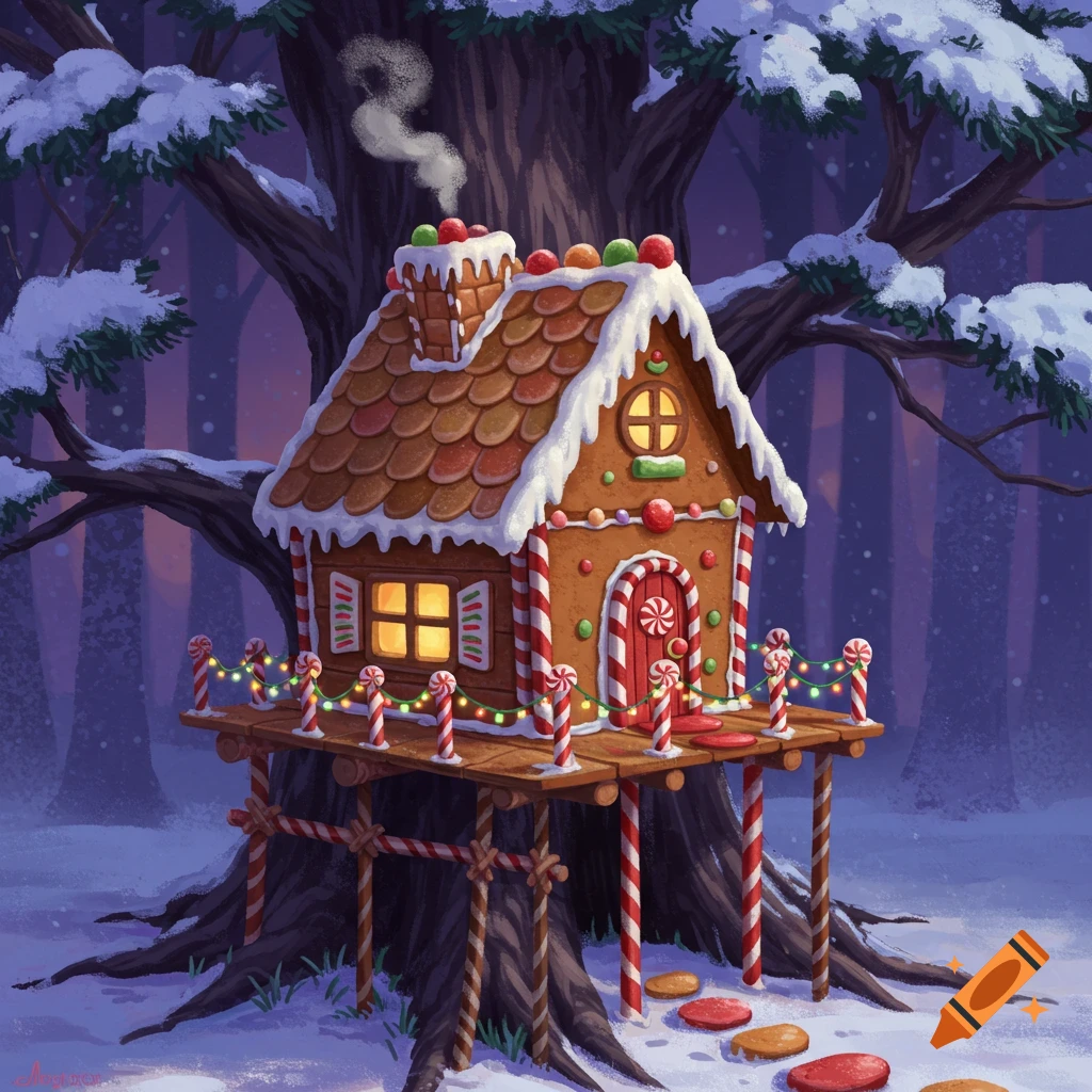 An illustrative gingerbread house, complete with candy decorations and a smoking chimney, nestled in a snowy tree.