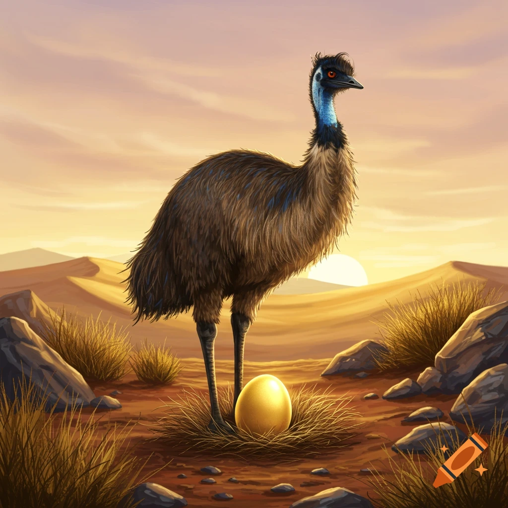 An emu stands over a nest containing a golden egg in a desert at sunset.