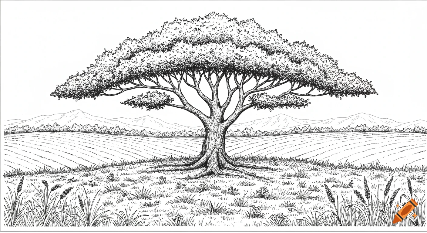 A black and white line art drawing of a large tree centered in a field with mountains in the background.