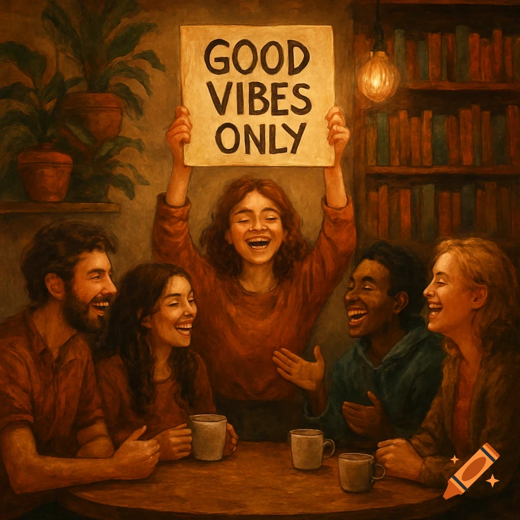 A painting of five friends laughing in a cozy cafe, one holding a sign that reads 'GOOD VIBES ONLY'.