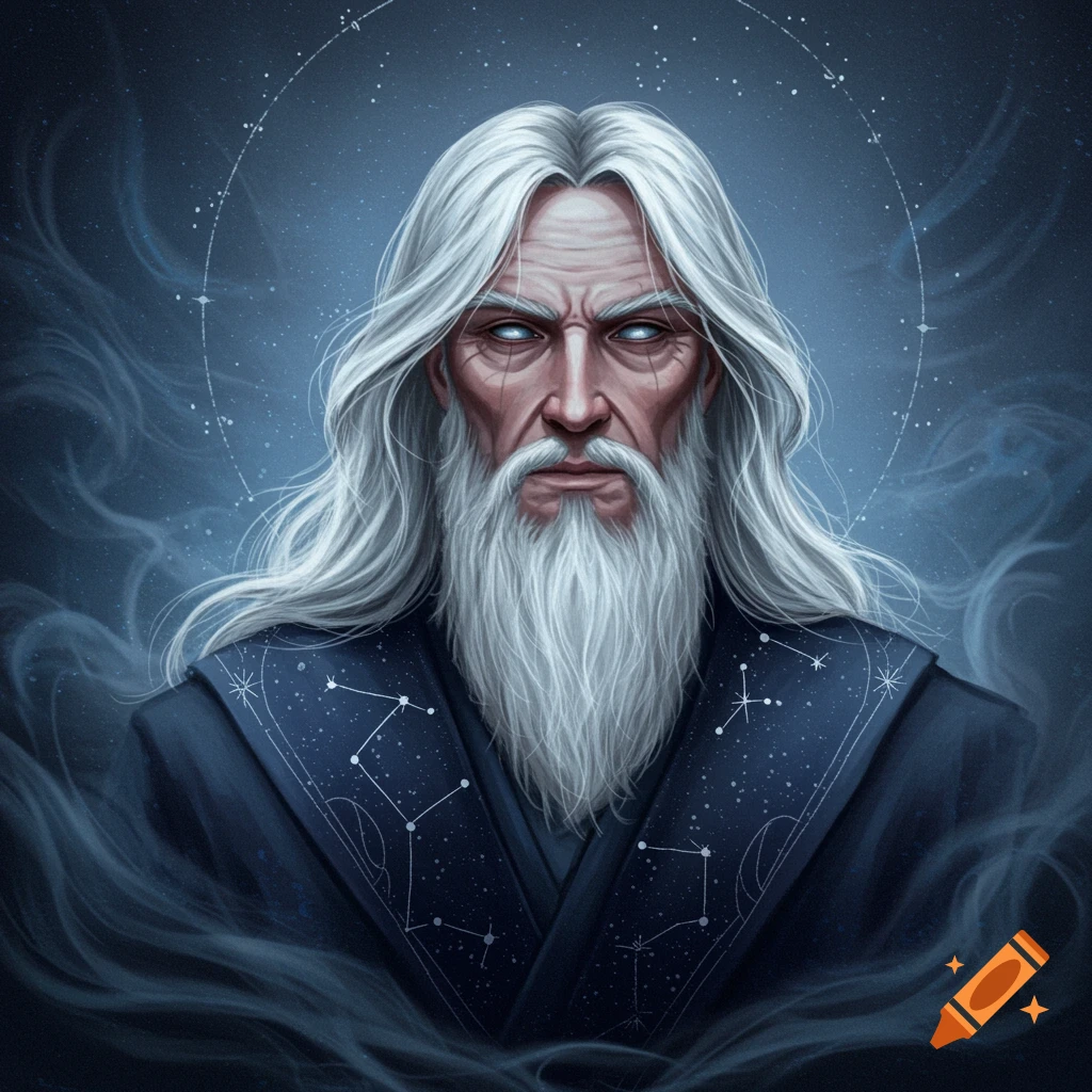 A fantasy portrait of an old wizard with long white hair, white beard, glowing eyes, and a star-patterned robe.