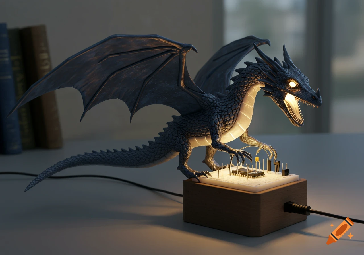 A detailed 3D-printed dragon sculpture with glowing eyes and chest, perched on a wooden base with electronic components.