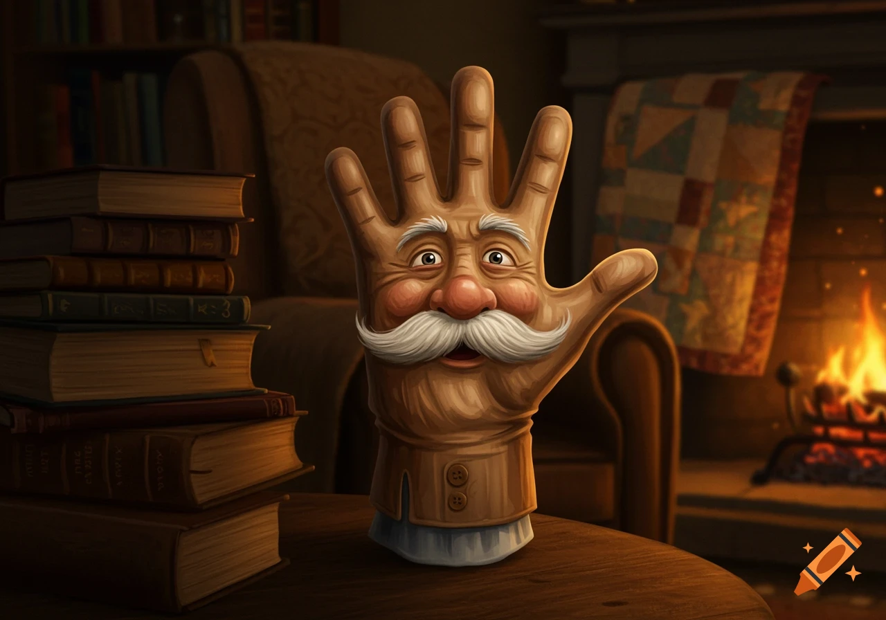 A whimsical illustration of an old man glove puppet with a mustache, sitting on a table in a cozy room with books and a fireplace.