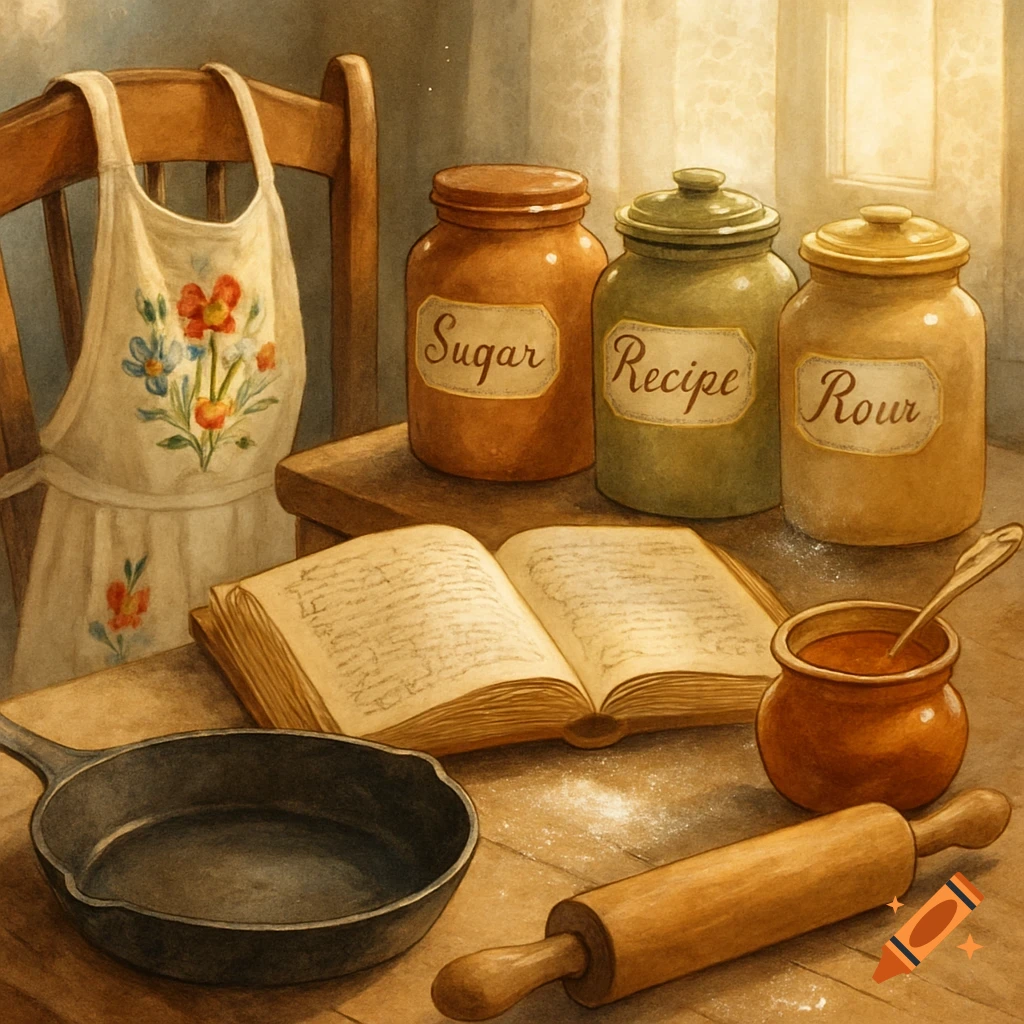 A rustic kitchen scene with an open cookbook, jars, cast iron pan, and rolling pin on a wooden table, in a painterly style.
