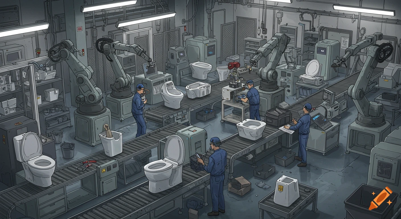 An illustration of a modern factory assembly line with robotic arms and human workers building smart toilets on conveyor belts.