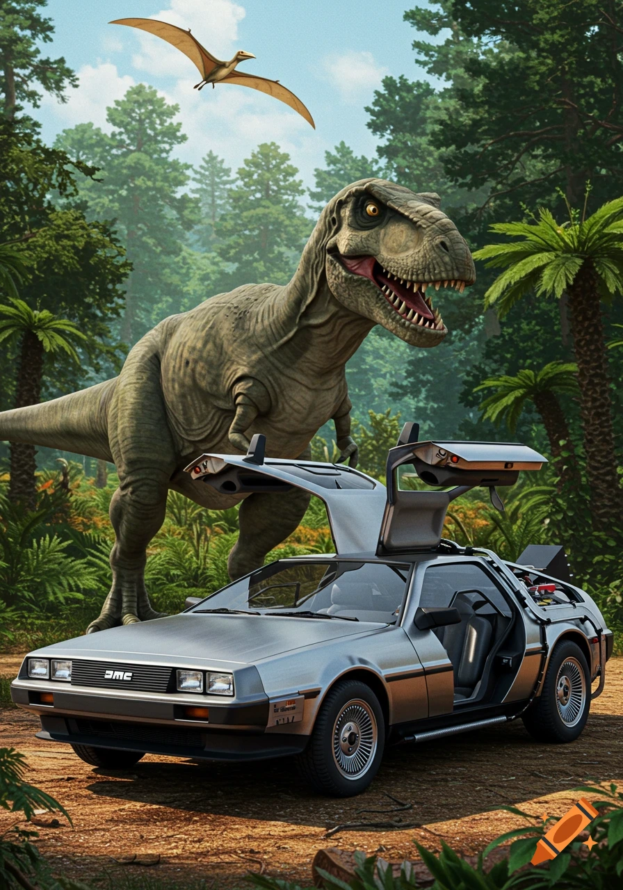 A T-Rex stands behind a silver DeLorean car with open gull-wing doors in a lush prehistoric jungle. A pterodactyl flies in the sky.