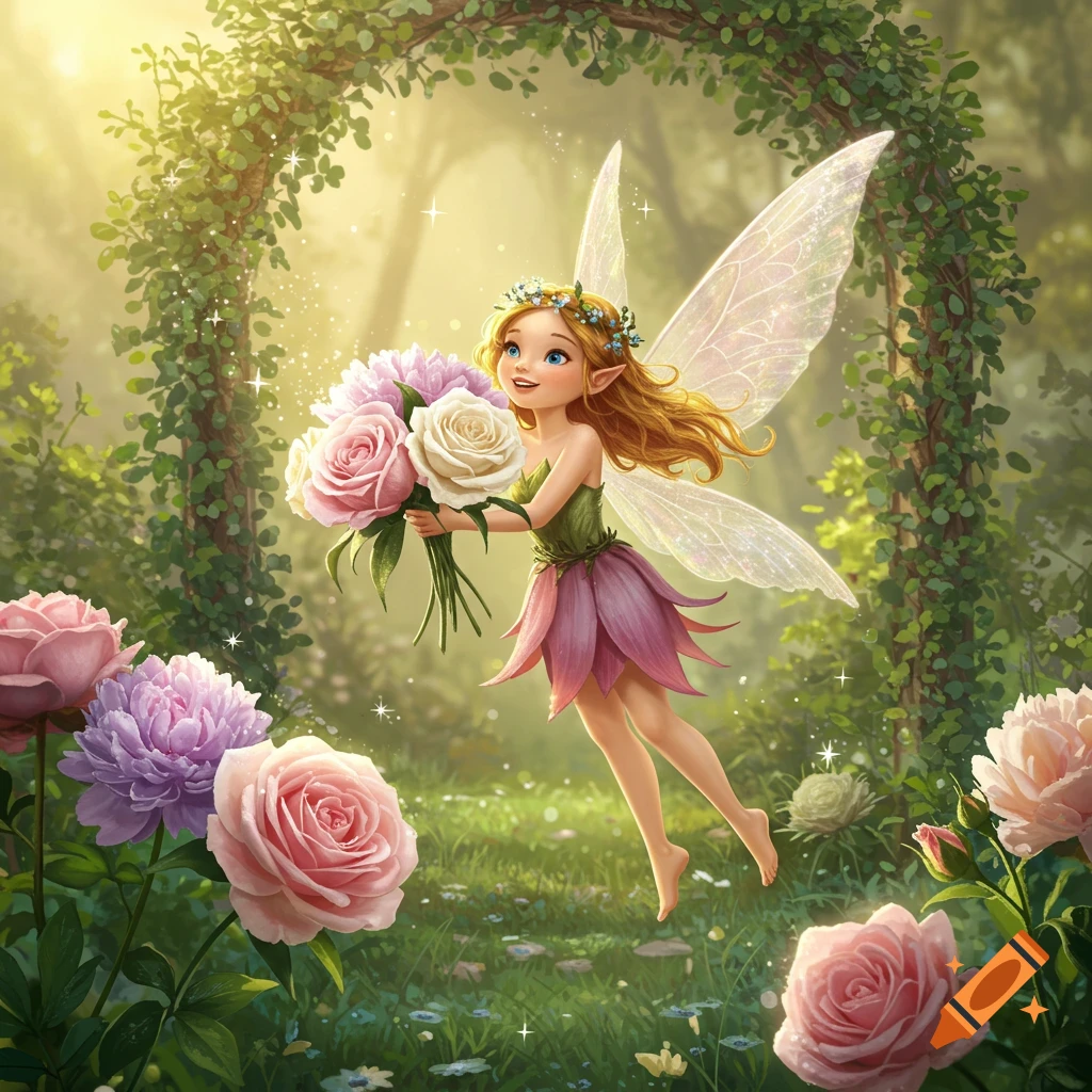 A whimsical illustration of a smiling fairy with long blonde hair and large wings, holding a bouquet of pink and white roses, floating in a magical, sunlit garden surrounded by lush greenery and large flowers.