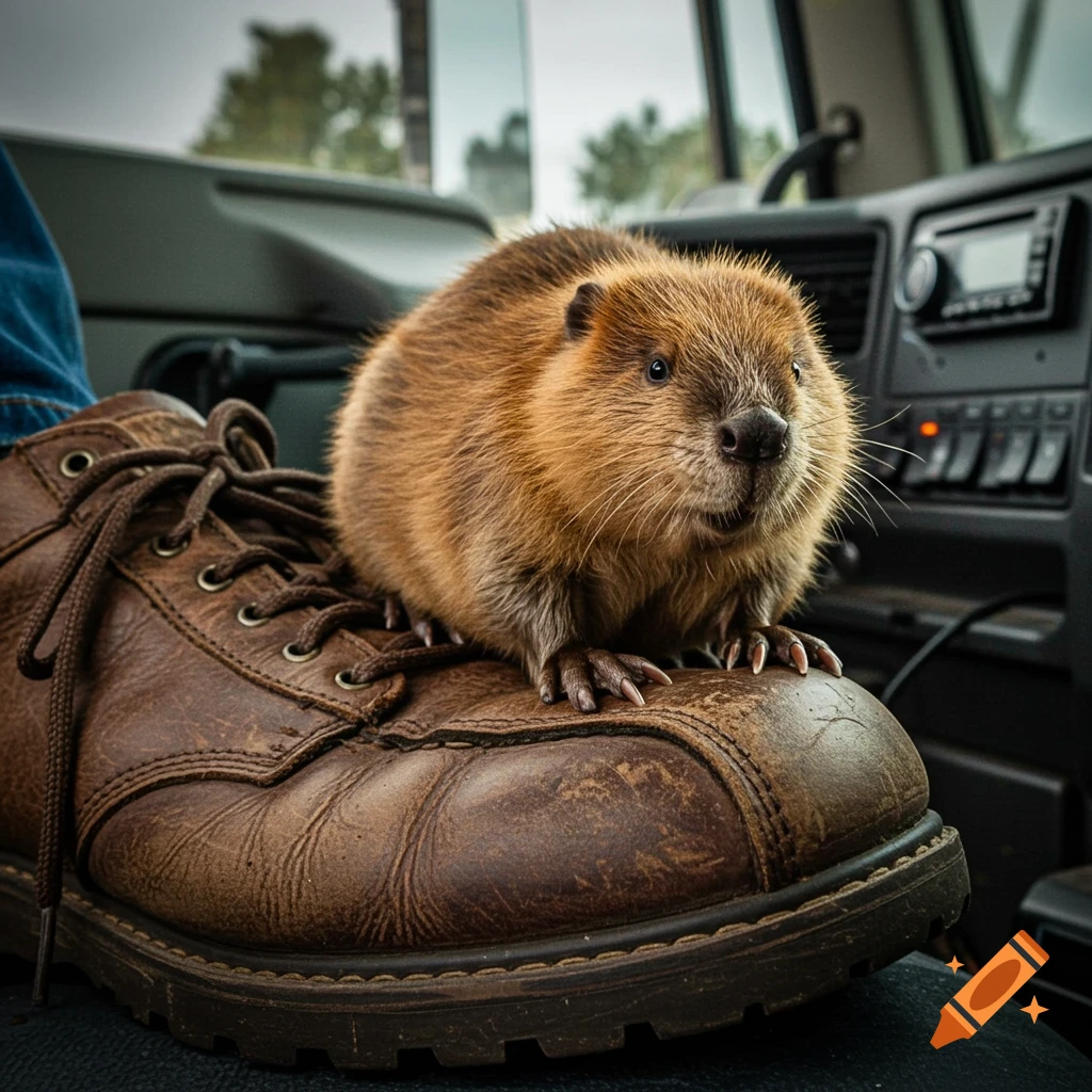 A photorealistic image of a small, furry beaver sitting on a brown work boot inside the cab of a truck.