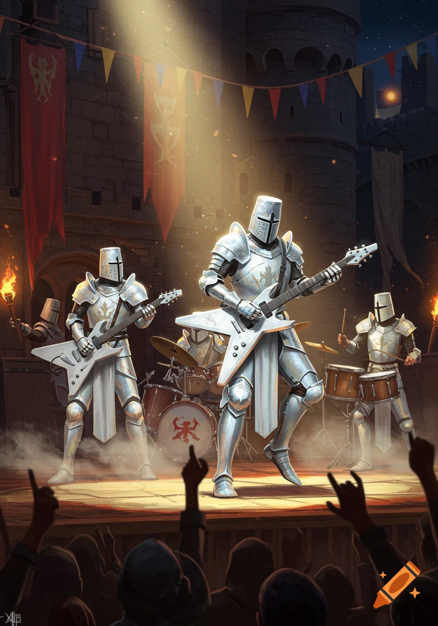 Armored knights play electric guitars and drums on a stage for a crowd in a castle courtyard at night.