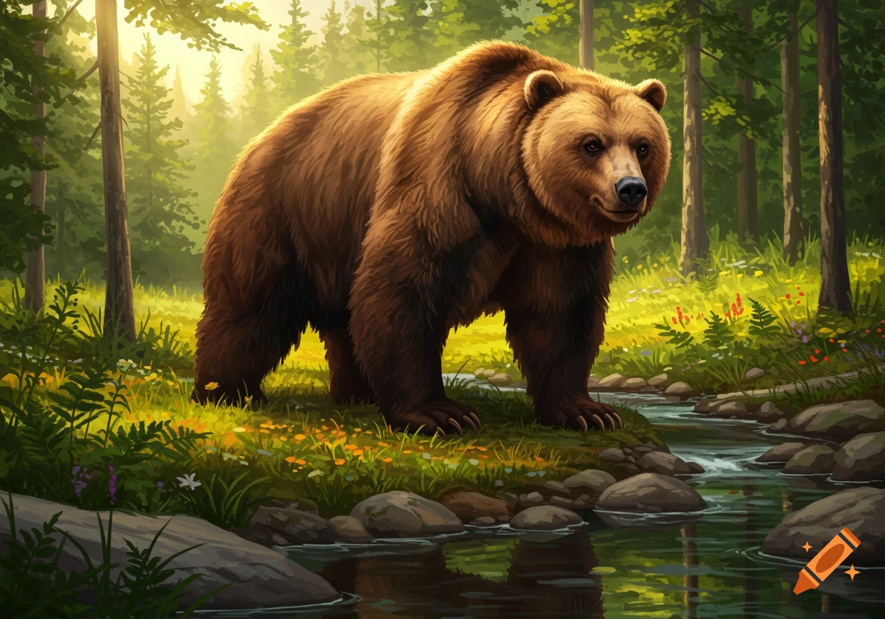 A large brown bear stands beside a rocky stream in a sun-dappled green forest, depicted in a realistic digital painting.