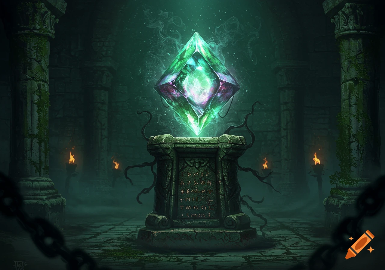 A glowing green and purple gem rests on an ancient stone pedestal in a dark, misty dungeon, fantasy art.