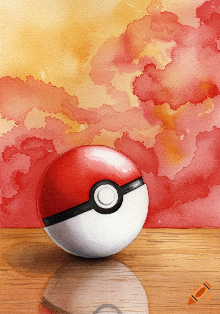 A watercolor illustration of a red and white Pokeball on a wooden surface, with a red and orange abstract background.