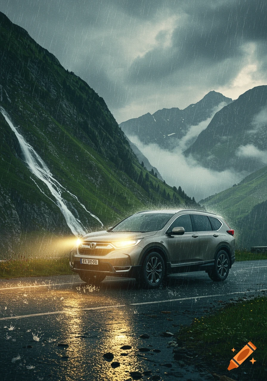 Photorealistic image of a Honda CR-V SUV driving on a wet mountain road in heavy rain, with headlights on, and a waterfall on the left.