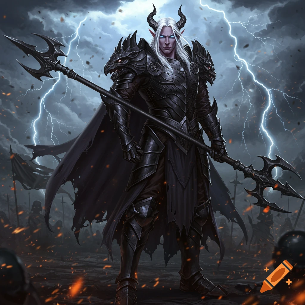 A powerful male half-elf warrior in black dragon armor with a trident stands on a stormy battlefield with lightning in a dark fantasy style.