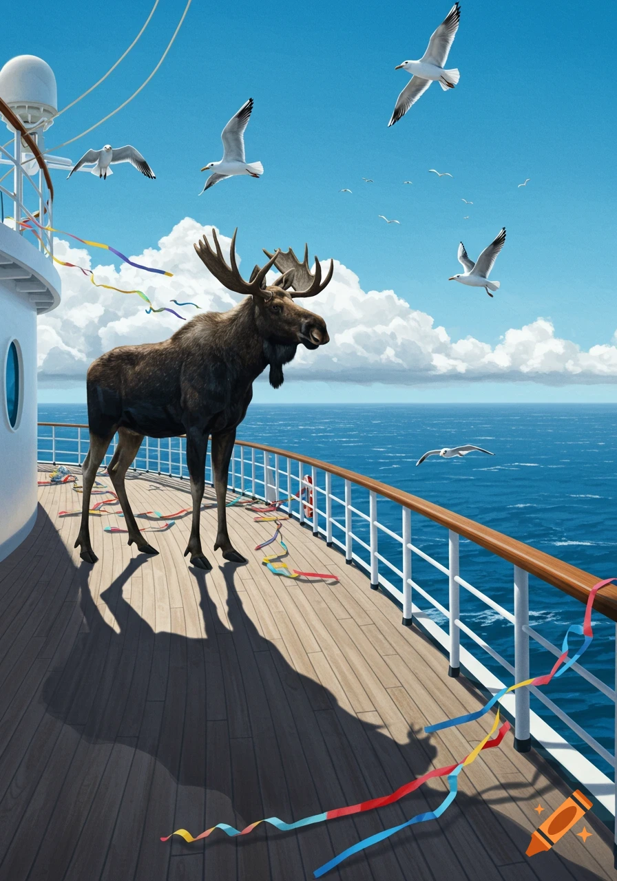 A photorealistic image of a large moose standing on the wooden deck of a cruise ship, surrounded by colorful streamers. Seagulls fly overhead against a blue sky with white clouds.