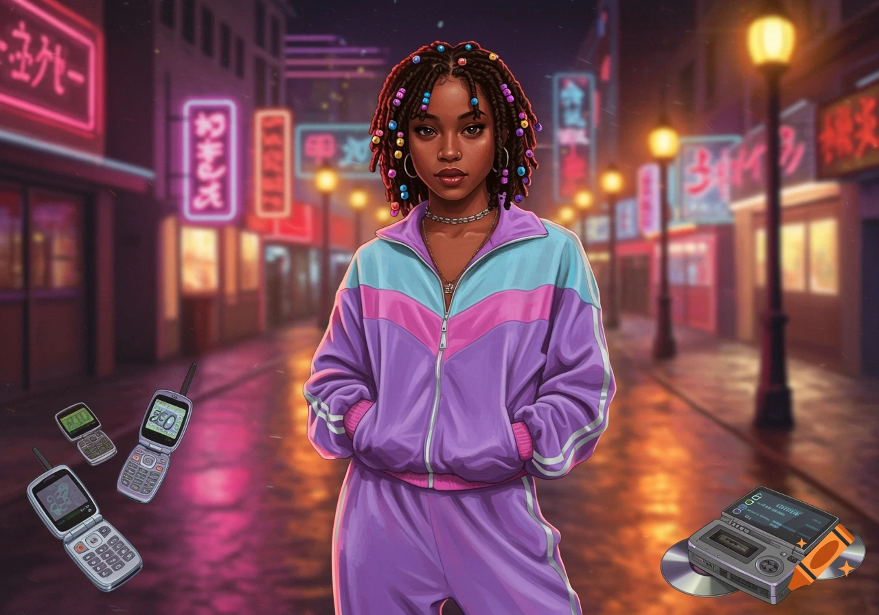 A stylish young Black woman in a purple and teal tracksuit with colorful beads in her braids stands in a neon-lit city street, with retro flip phones and a portable CD player floating nearby, in a digital art style.