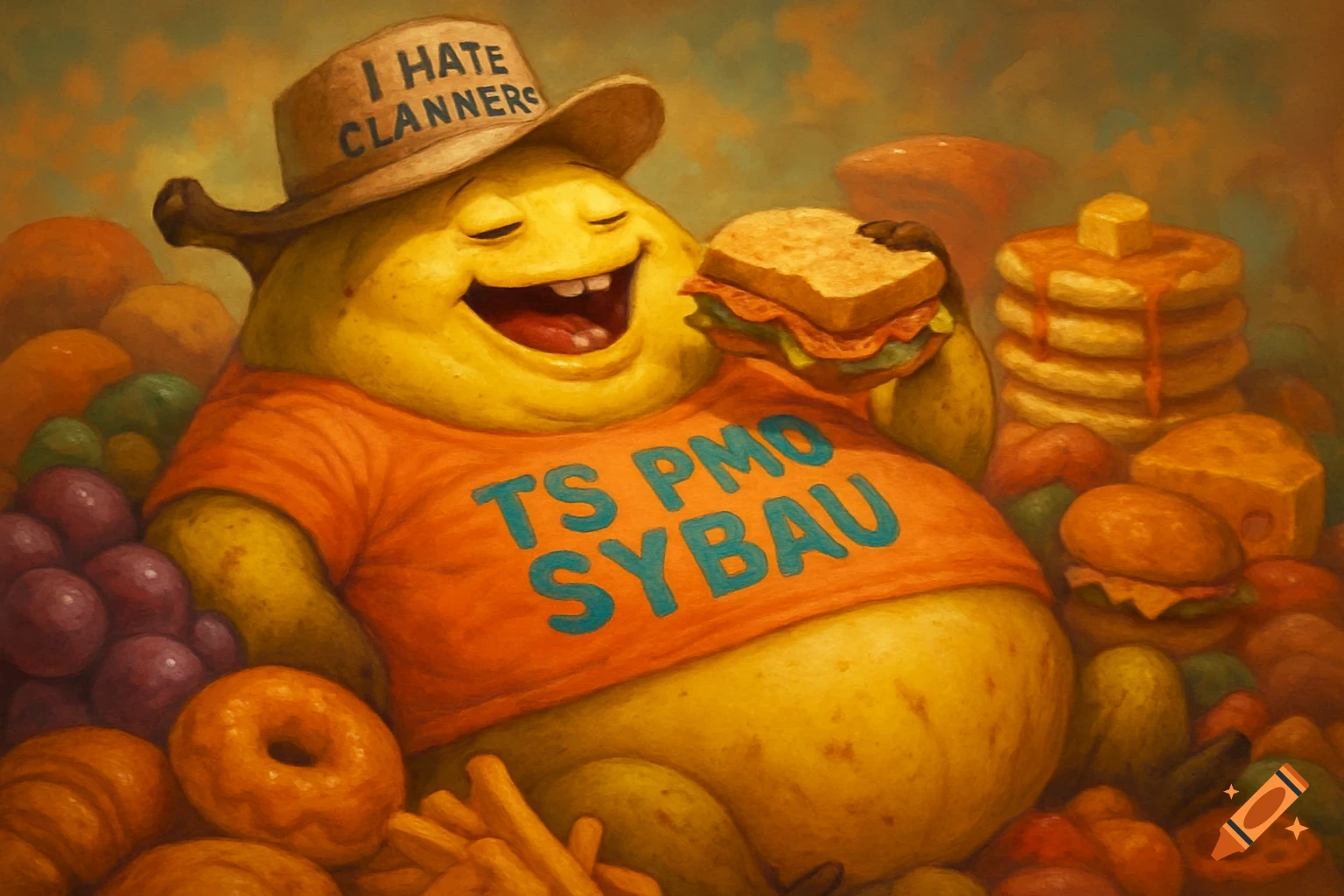 A happy, obese, yellow banana character wearing a hat and an orange t-shirt, eating a sandwich in a pile of various foods, in a painterly style. The hat says "I HATE CLANNERS" and the shirt says "TS PMO SYBAU."