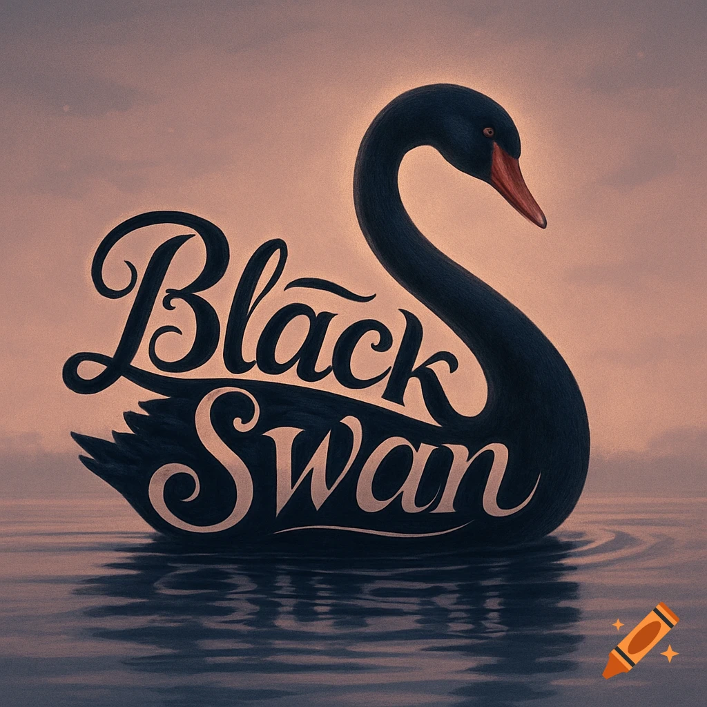 A black swan formed by the calligraphic text 'Black Swan' floating on water against a soft, warm sky.