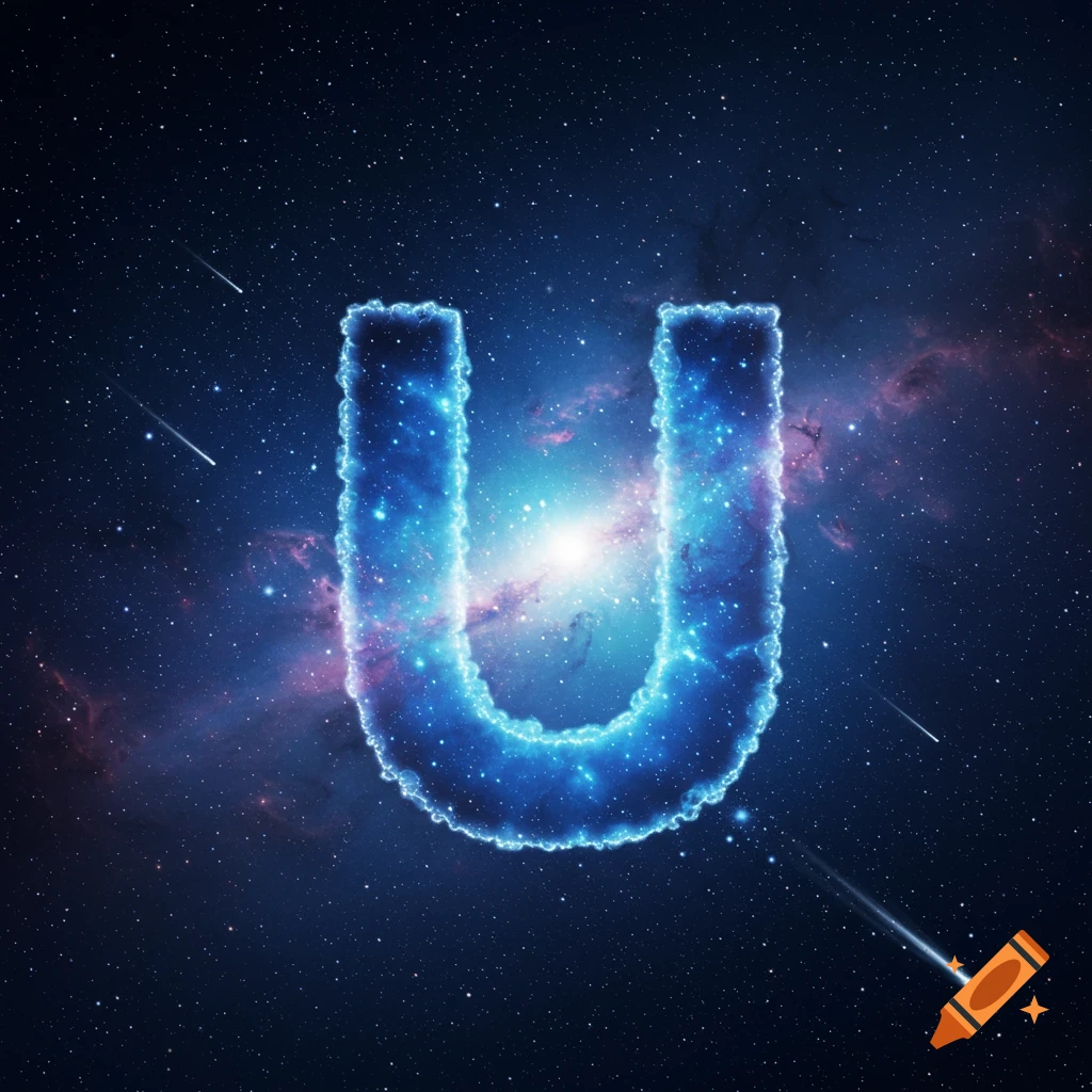The letter U formed by blue nebula and stars in deep space with shooting stars.