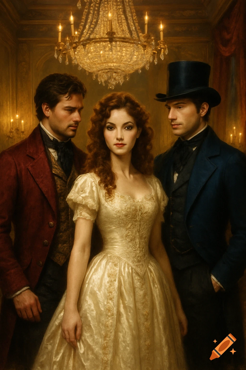 A Victorian-style painting of a woman in a cream dress with two men in suits, standing under a chandelier.