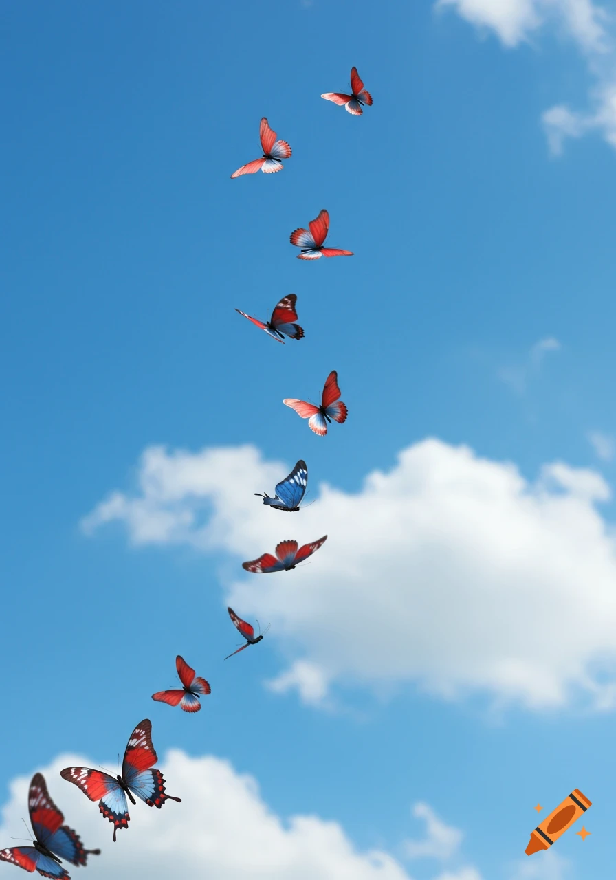 A group of red and blue butterflies with black bodies flying upwards against a bright blue sky with scattered white clouds.