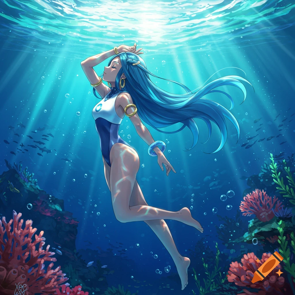 Anime-style illustration of Nessa from Pokemon floating gracefully underwater, surrounded by coral and fish, with sunrays filtering through the surface.