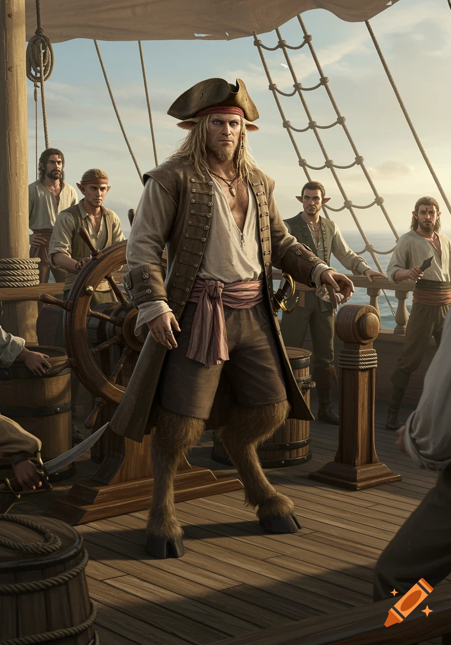 A blond satyr pirate captain in a tricorn hat and coat stands on a ship deck with his crew, showing his hooved satyr legs.