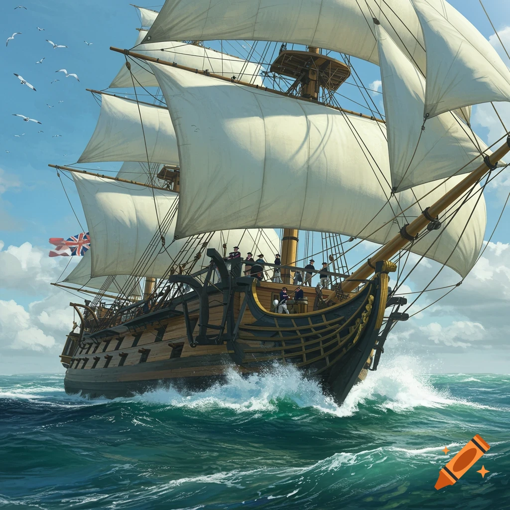 A large 19th-century wooden sailing warship with full white sails cuts through rough green waves under a blue sky with clouds and seagulls.