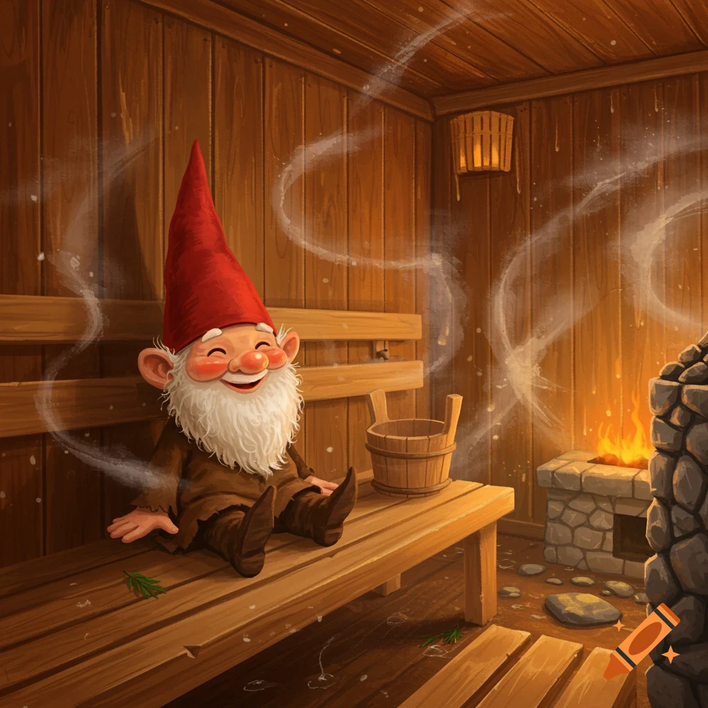 A happy gnome with a red hat and white beard sits on a wooden bench in a steamy sauna, next to a lit stove and bucket.