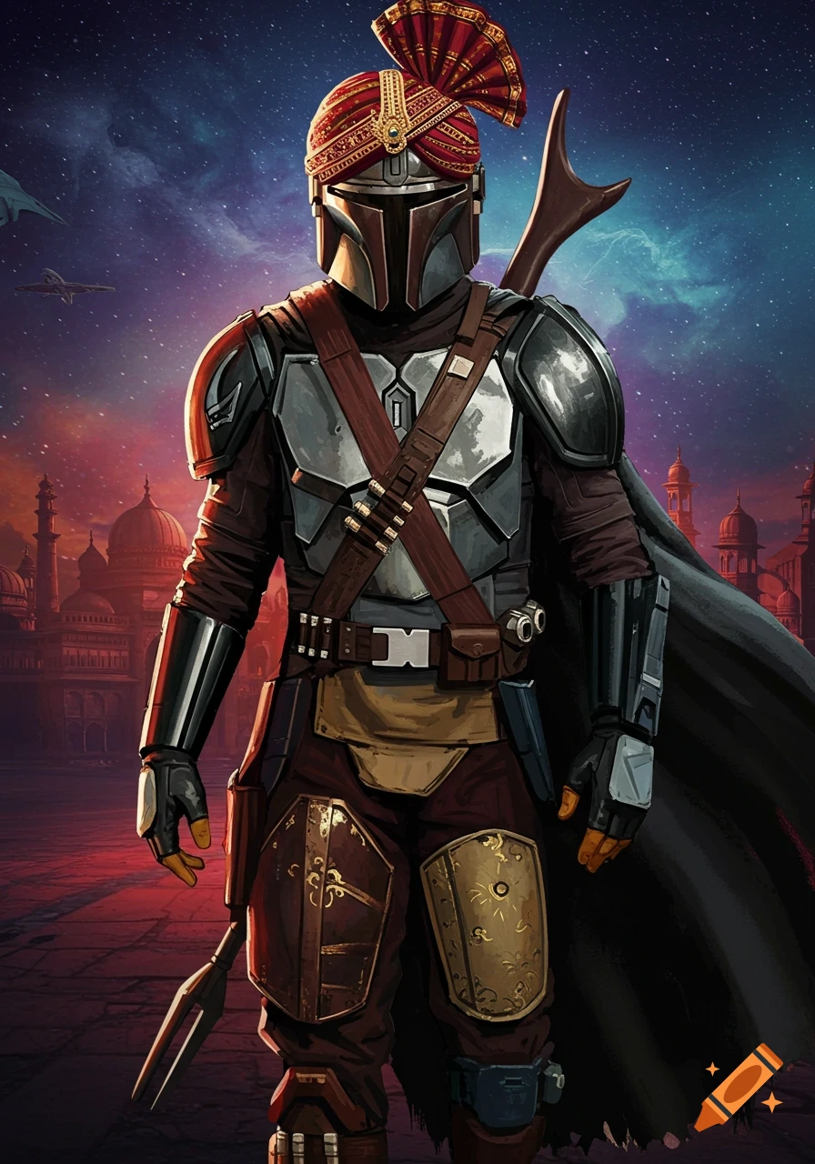 A Mandalorian warrior in traditional armor with intricate Indian gold and red patterns and a turban-helmet, set against a vibrant space city.