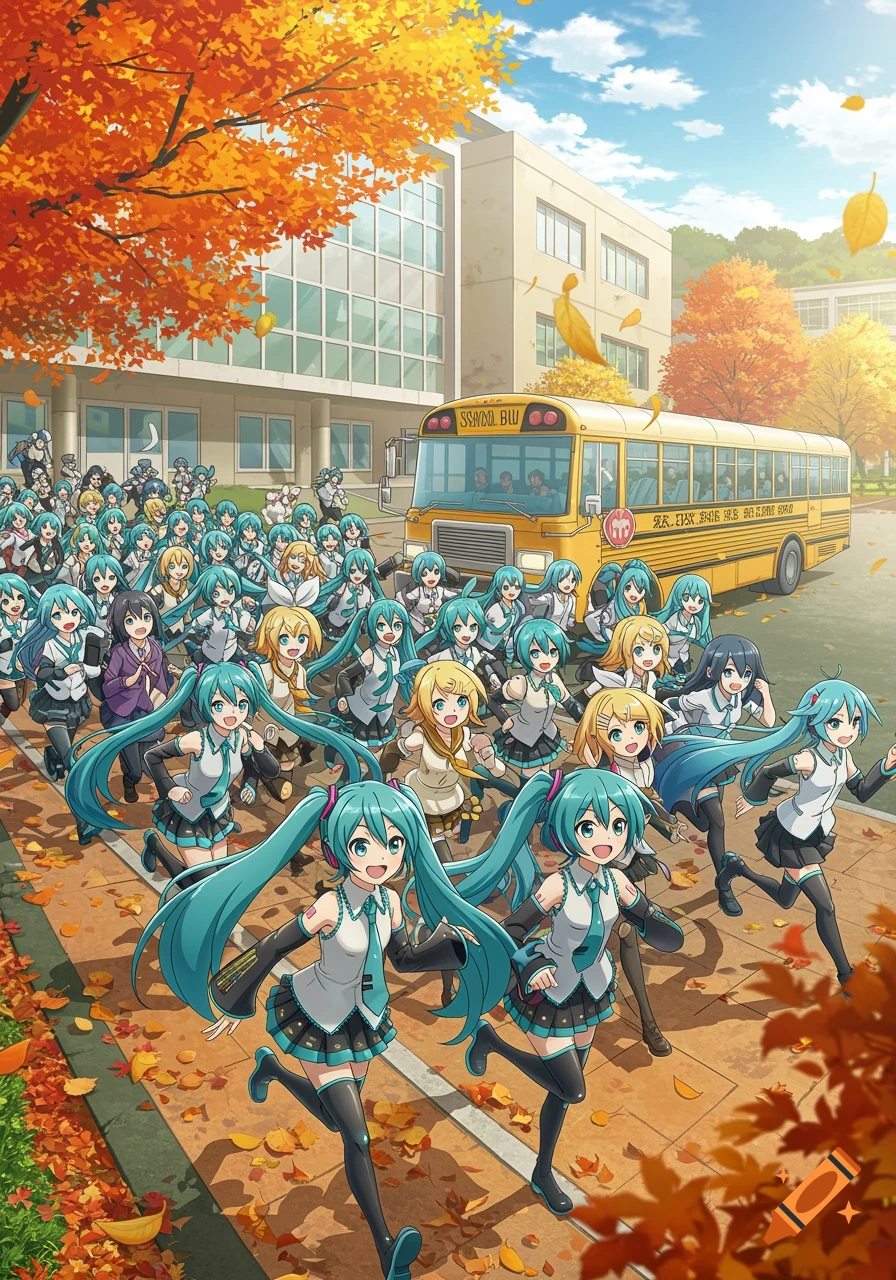 Anime characters resembling Hatsune Miku and Kagamine Rin running towards a yellow school bus in an autumn schoolyard.
