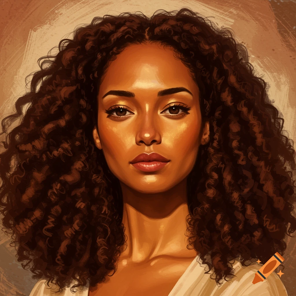 Headshot of a mixed-race woman with curly brown hair looking directly at the viewer, in a digital painting style.