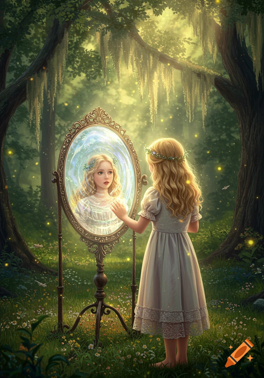 A blonde girl looks into a glowing ornate mirror in a magical forest with fireflies.