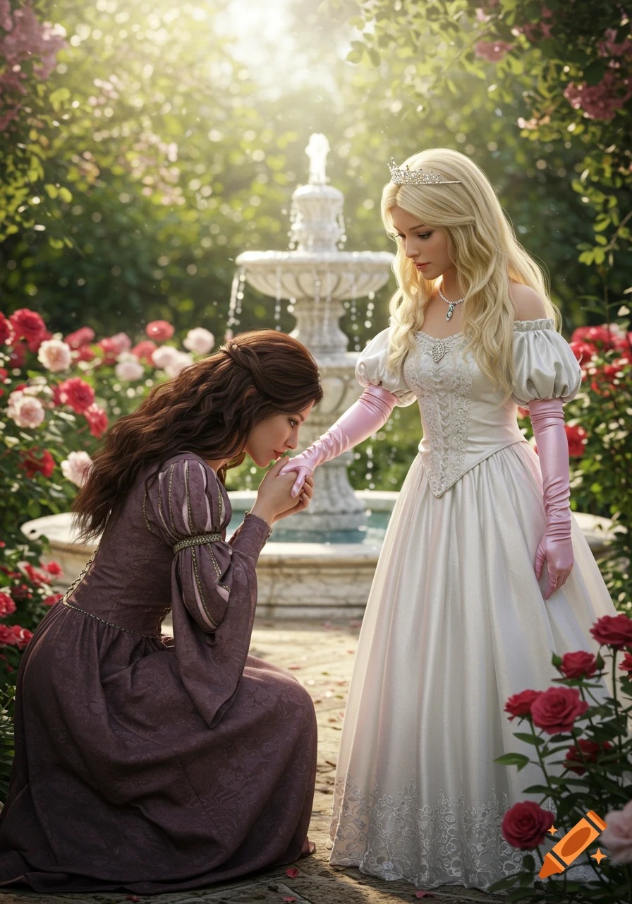 A brunette woman in a medieval dress kneels, kissing the hand of a blonde princess in a white gown and tiara, in a sunlit garden with a fountain and roses. Photorealistic style.