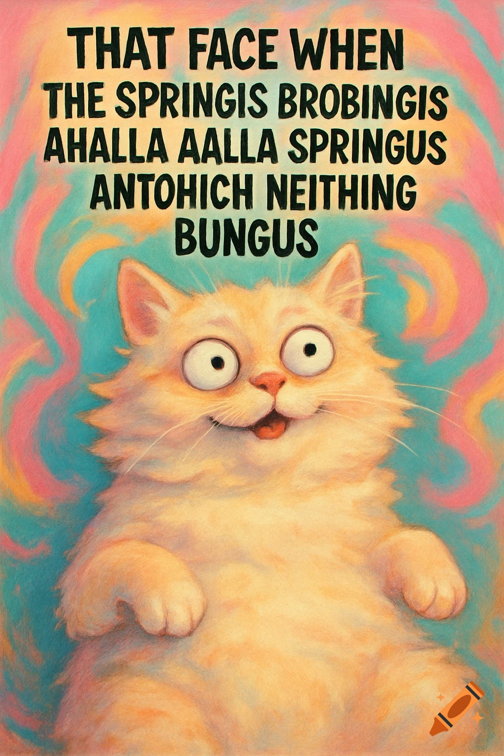 A cartoon illustration of an orange fluffy cat with wide, exaggerated eyes and a small smile, with colorful abstract swirls in the background. Large black text above the cat reads, 'THAT FACE WHEN THE SPRINGIS BROBINGIS AHALLA AALLA SPRINGUS ANTOHICH NEITHING BUNGUS'.