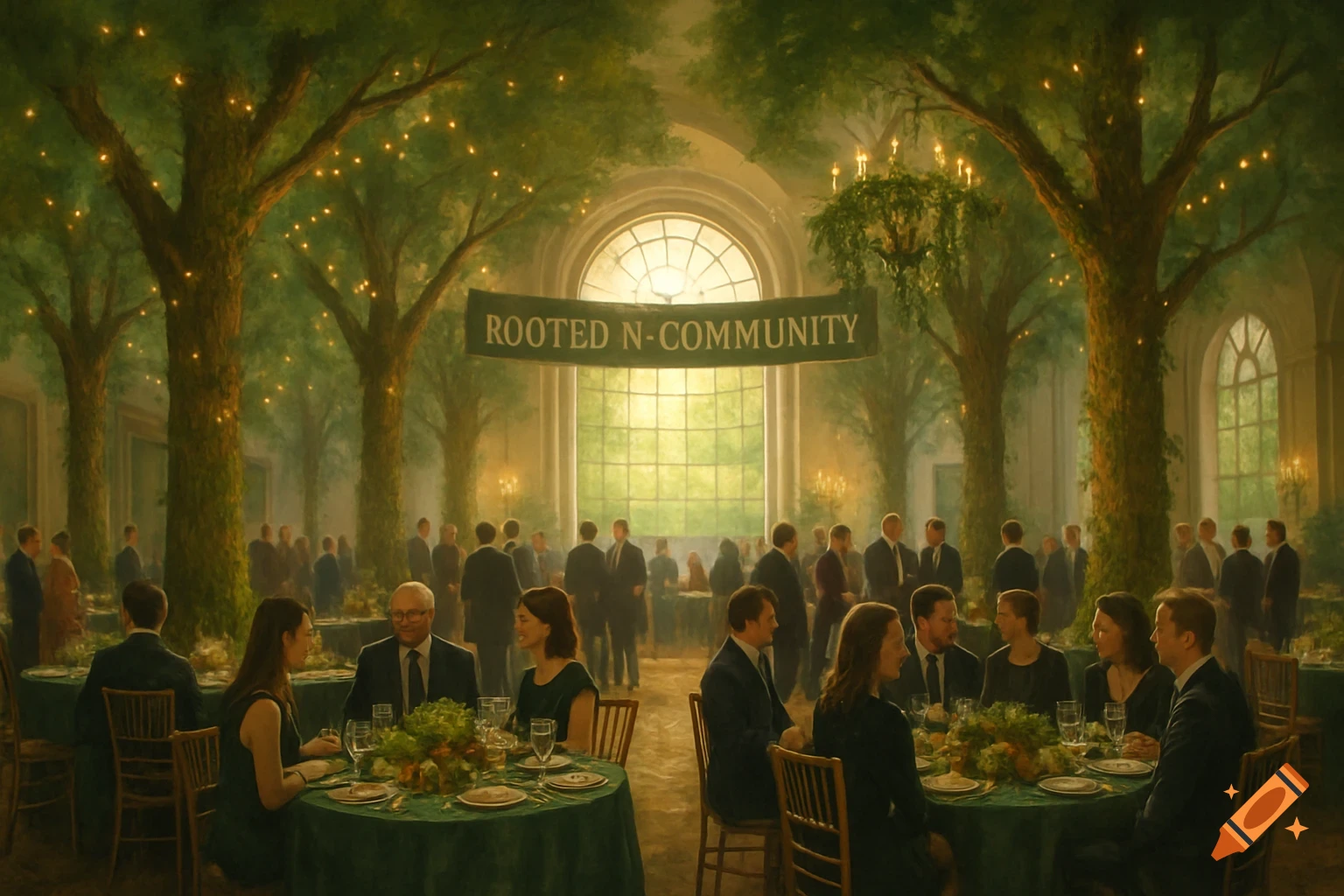 A large corporate event with many attendees in a grand hall decorated with tall trees, string lights, and a 'ROOTED N-COMMUNITY' banner.