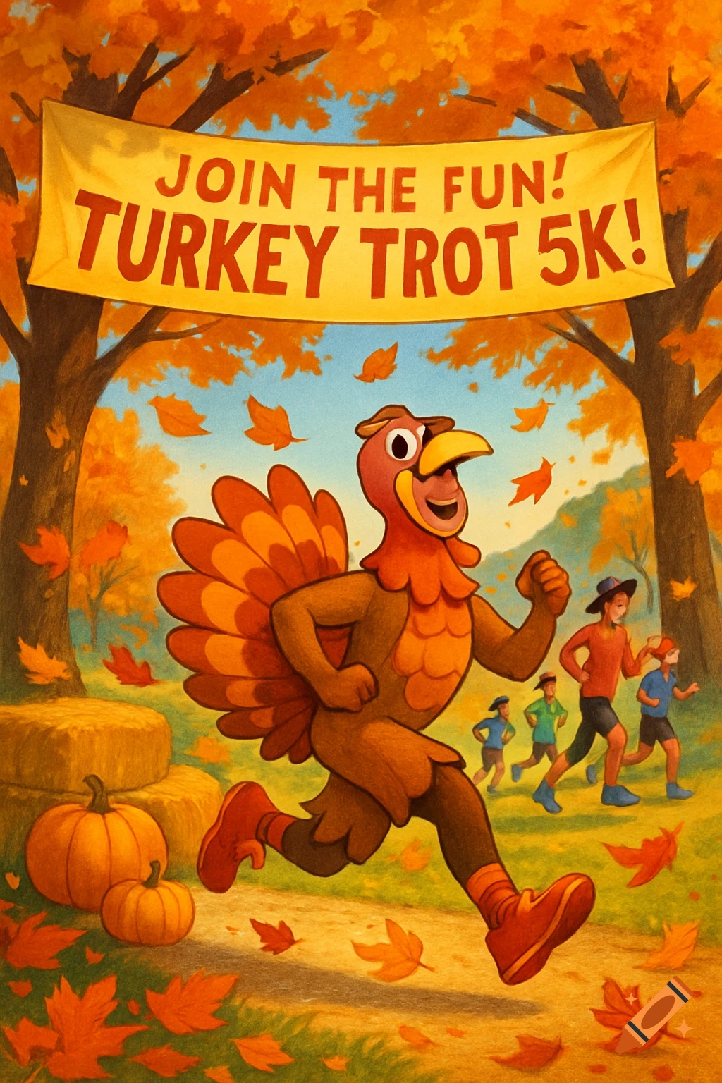 Cartoon flyer for a Turkey Trot 5K run with a turkey character, autumn trees, falling leaves, and runners.