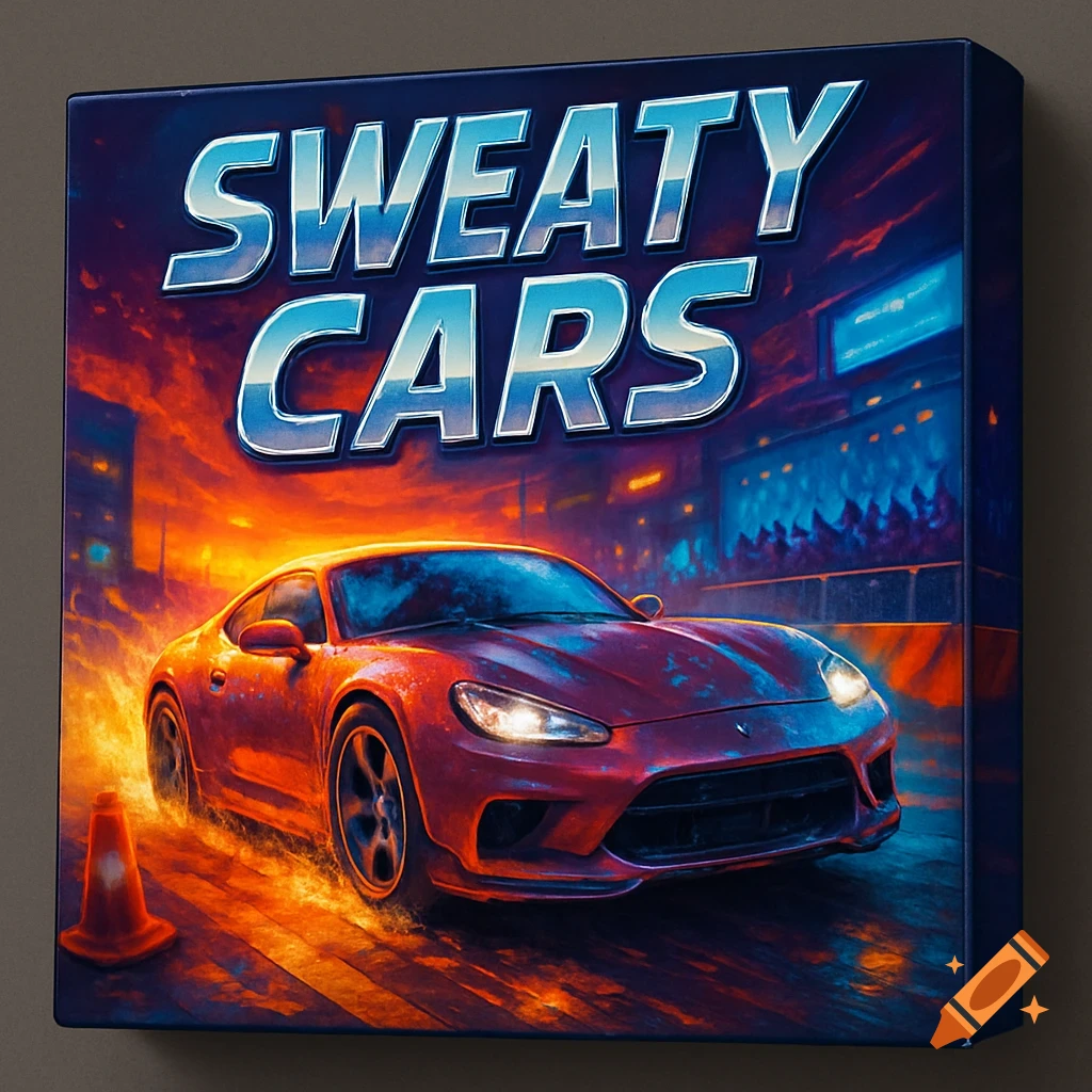 A board game box titled "SWEATY CARS" with a red sports car speeding on a fiery road at sunset, with a city skyline in the background.