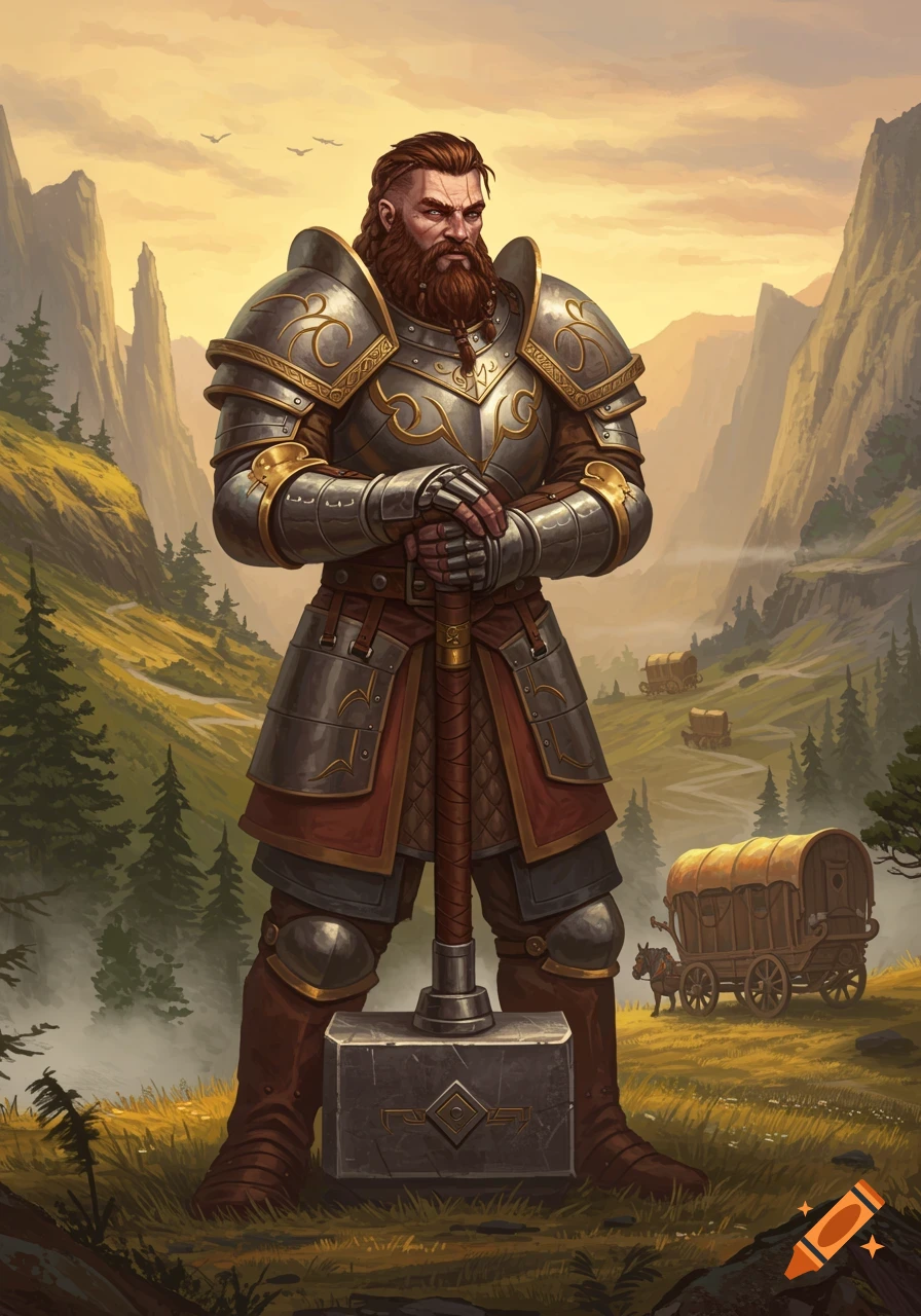 A bearded fantasy warrior in ornate armor stands in a grassy valley, holding a large war hammer, with a caravan behind him.