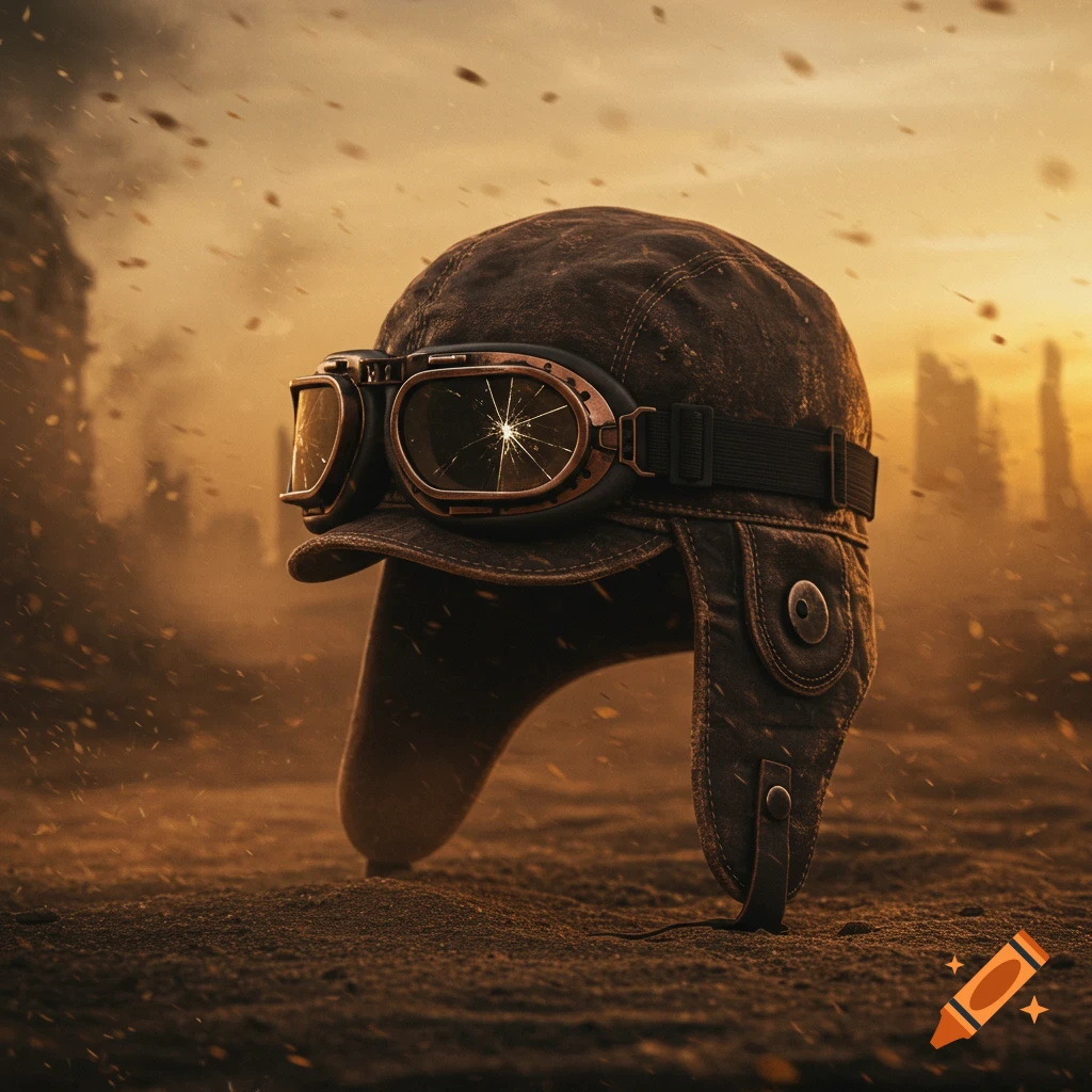 A worn aviator hat with cracked goggles lies on dusty ground with a blurred apocalyptic background at sunset.