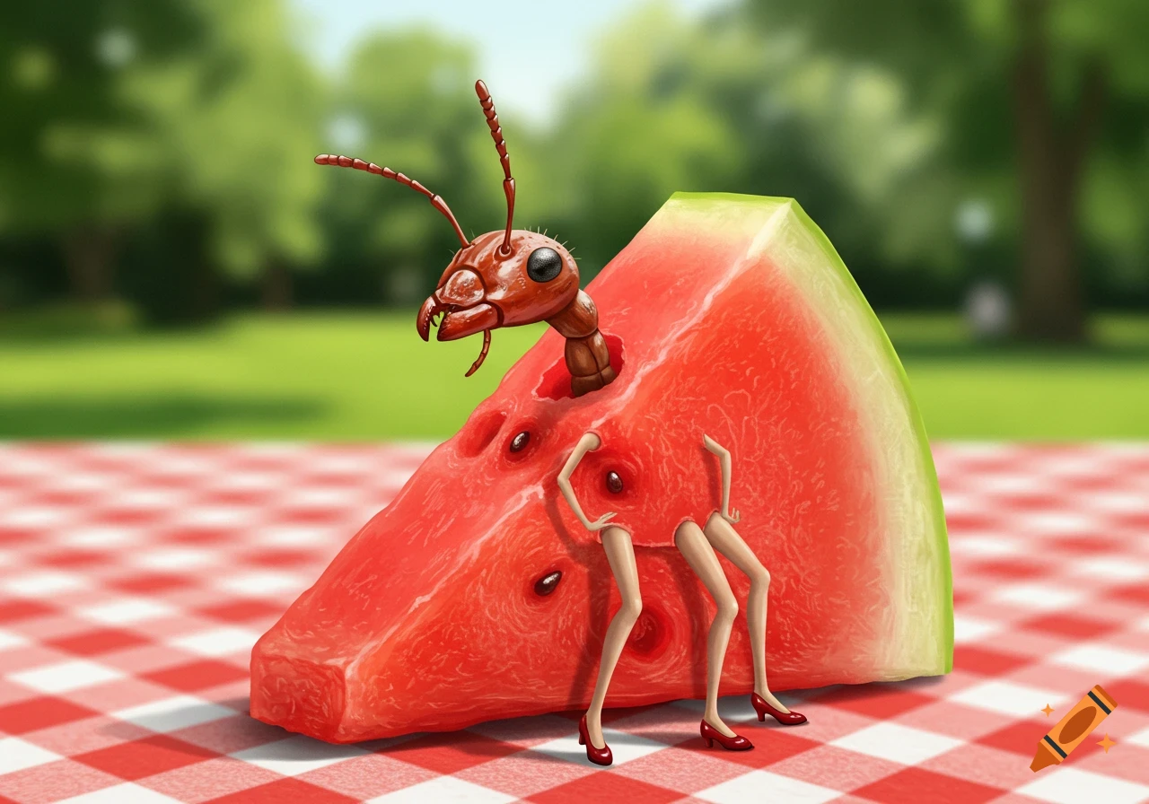 A surreal illustration of a watermelon slice with an ant head and human legs wearing red shoes on a picnic blanket.
