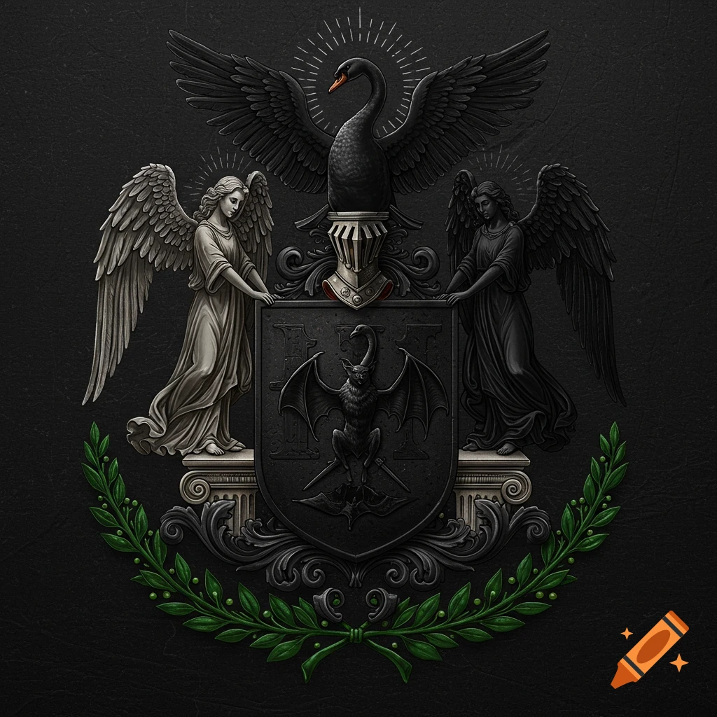 Detailed black coat of arms with a swan, two angels, a bat, and a green laurel wreath on a dark background.