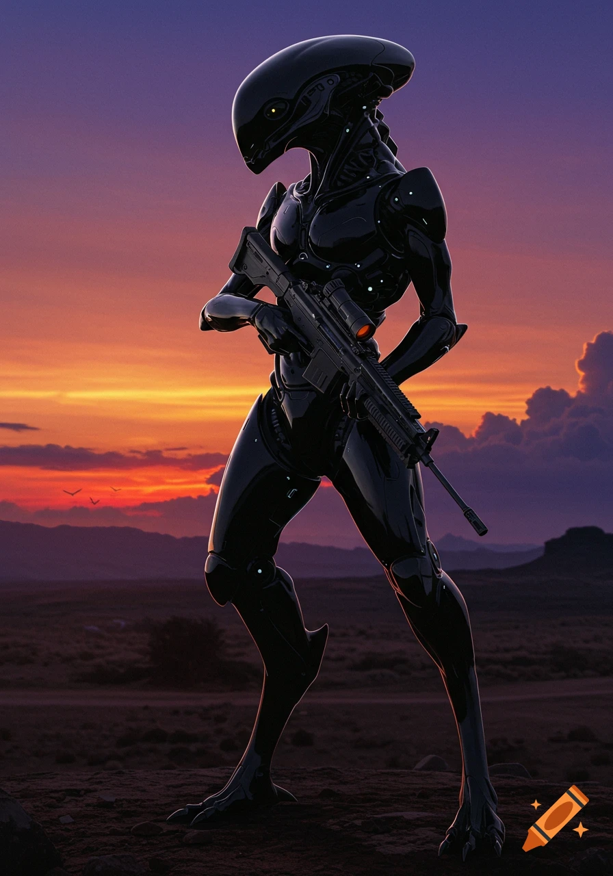 A jet black protogen holding a military rifle stands against a vibrant sunset in a barren landscape.