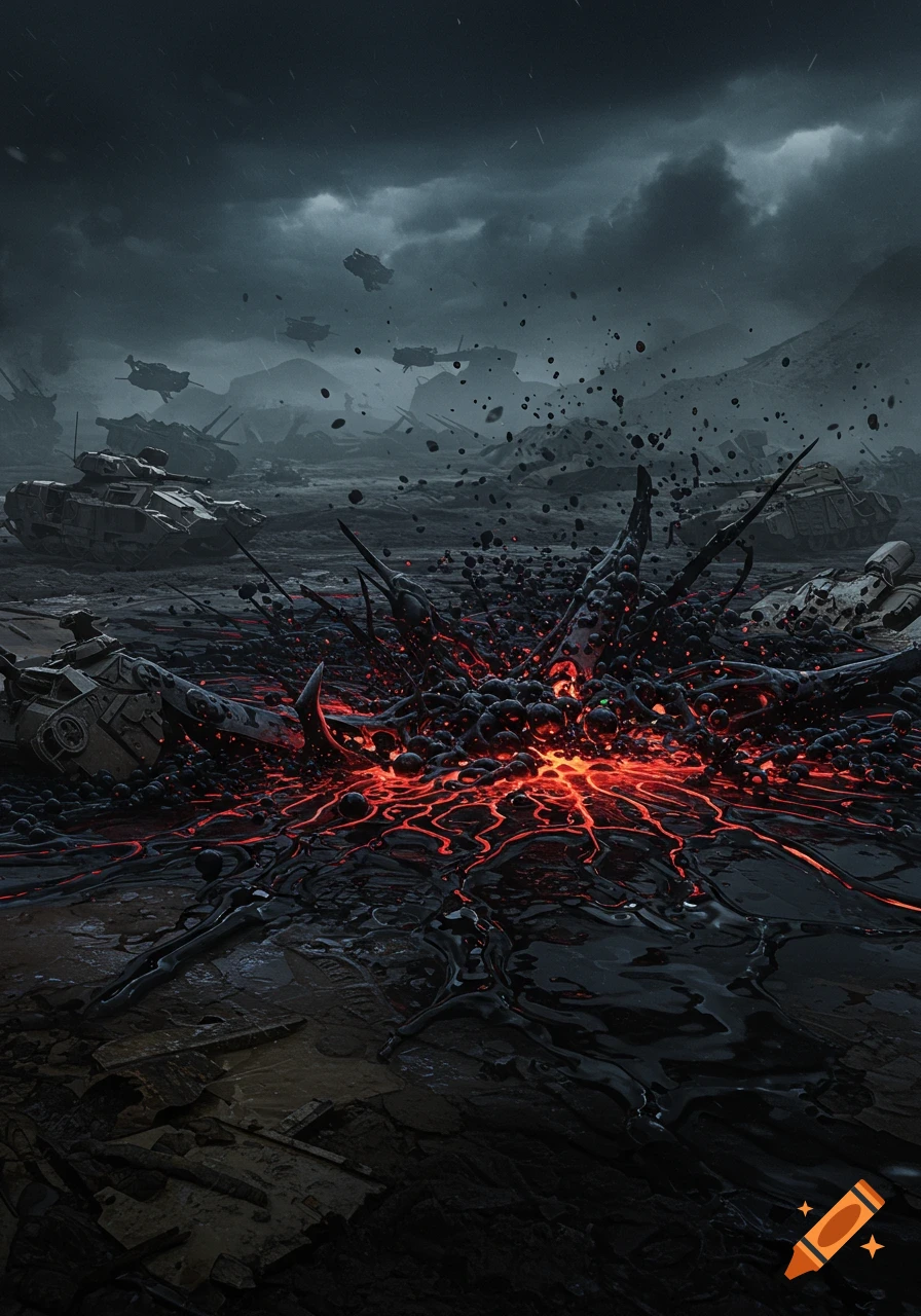 Atmospheric concept art of black nanites with glowing red patterns erupting in a muddy crater filled with destroyed tanks under a dark, stormy sky.