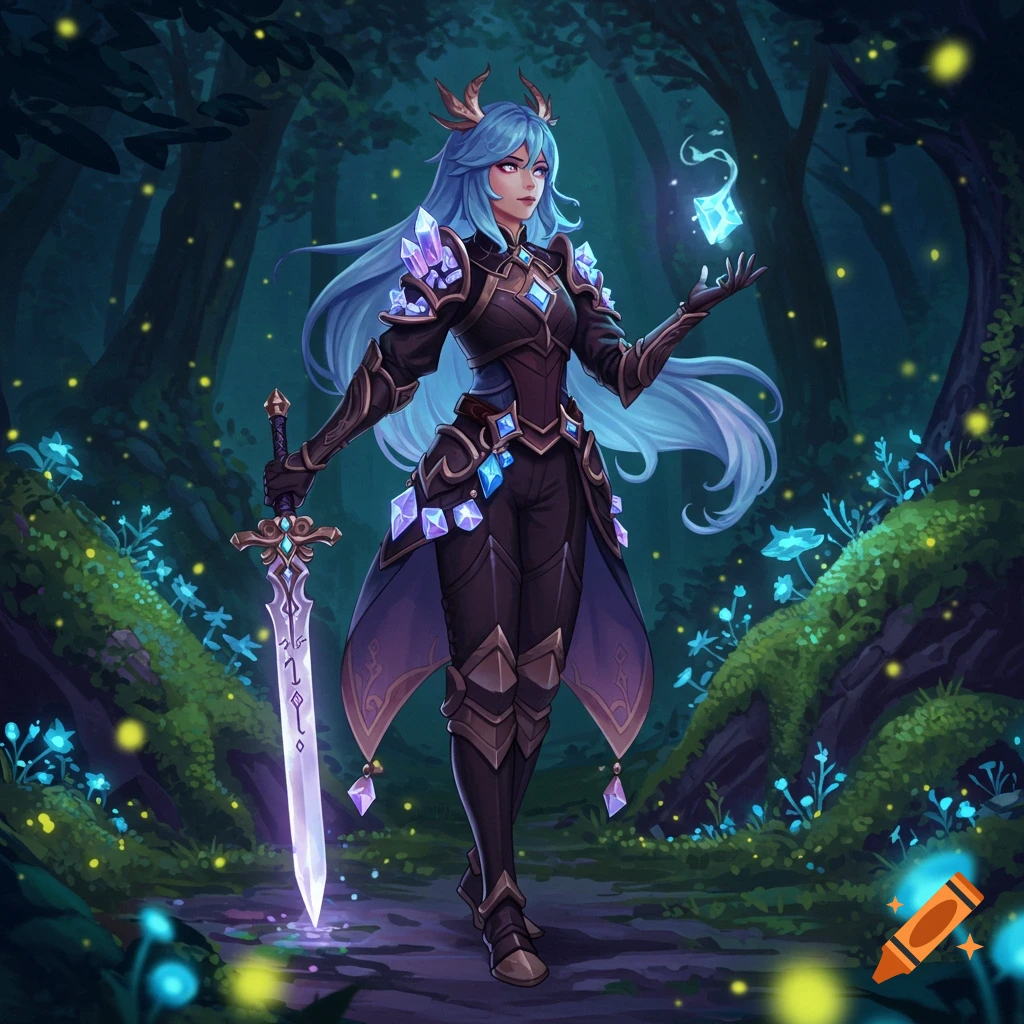 An anime-style female fantasy warrior with blue hair and crystal armor, holding a glowing sword in a magical forest.