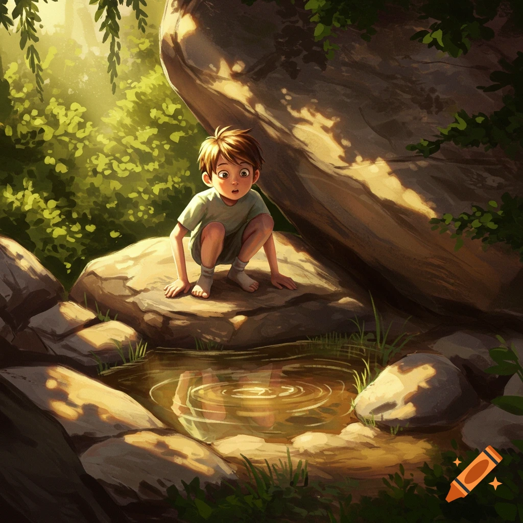 A curious boy kneels by a small forest puddle, a large rock nearby, in a sunlit, illustrative style.