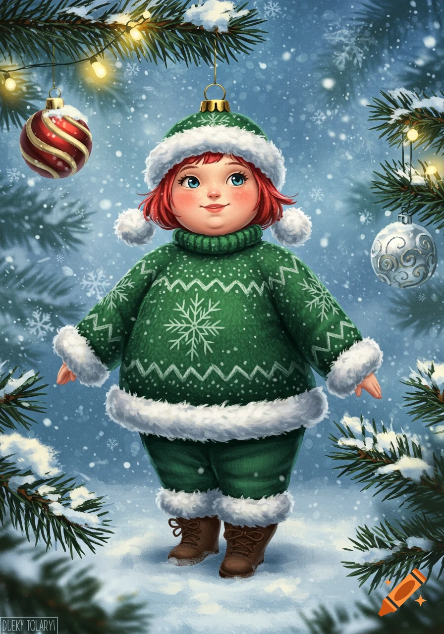 A chubby, red-haired girl dressed as a Christmas ornament in a green snowflake sweater stands in a snowy winter scene with festive decorations.