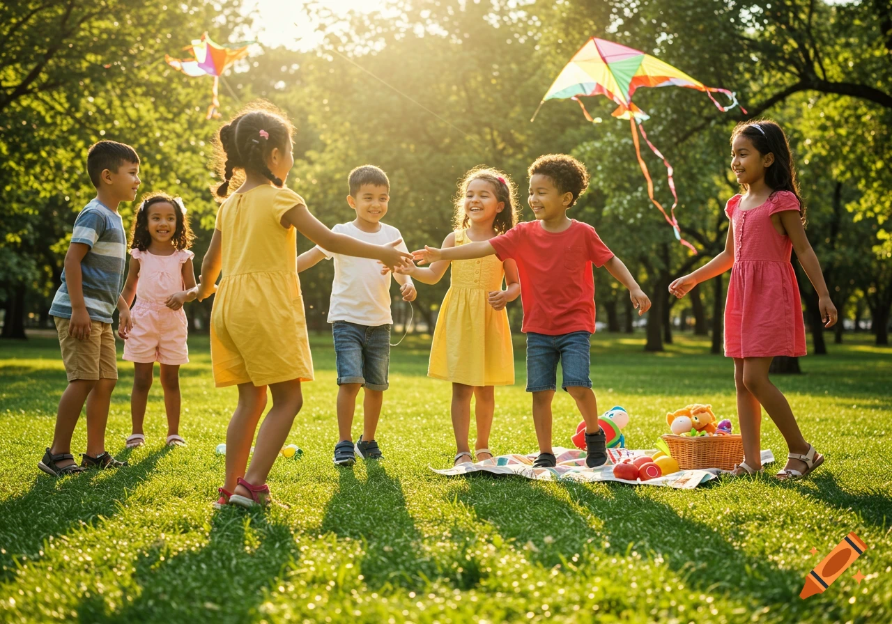 Diverse children play and hold hands in a sunny park with kites, a picnic blanket, and trees.