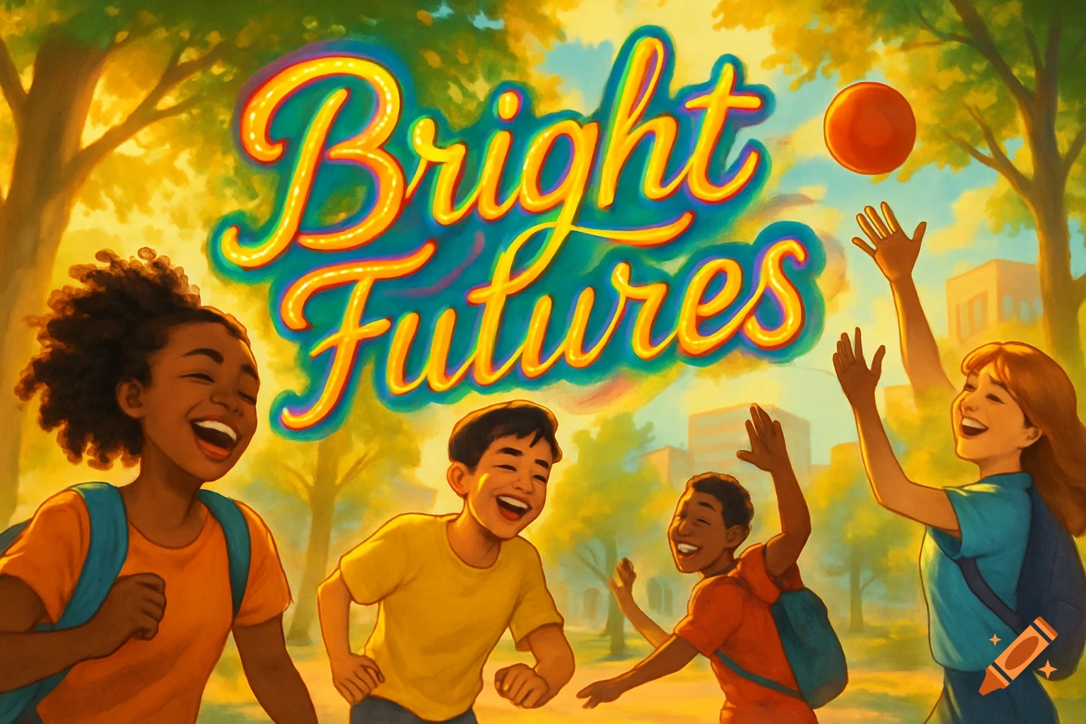 Vibrant illustration of diverse smiling children playing outdoors, with the text 'Bright Futures' prominently displayed.
