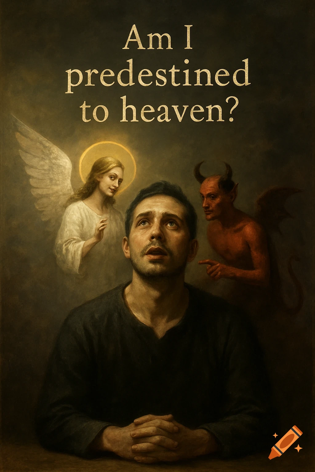 A man in classical painting style looks up with an angel and devil behind him. Text reads: Am I predestined to heaven?